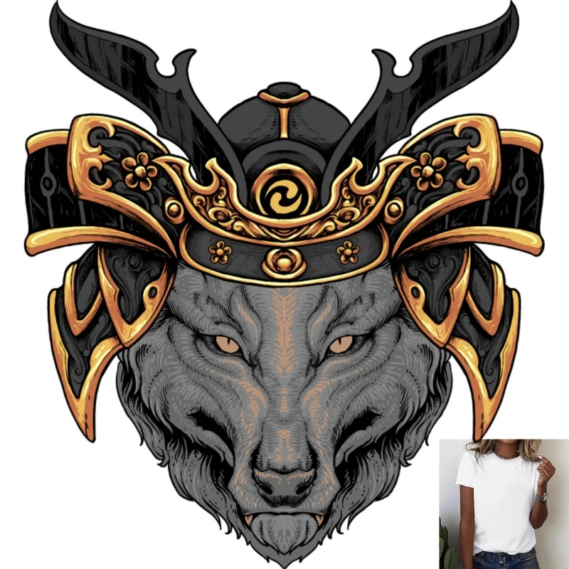 Japanese Samurai Helmet Wolf Head Heat - Transfer White Ink Iron - on Transfer, Trendy & Versatile, for T - shirts/Canvas