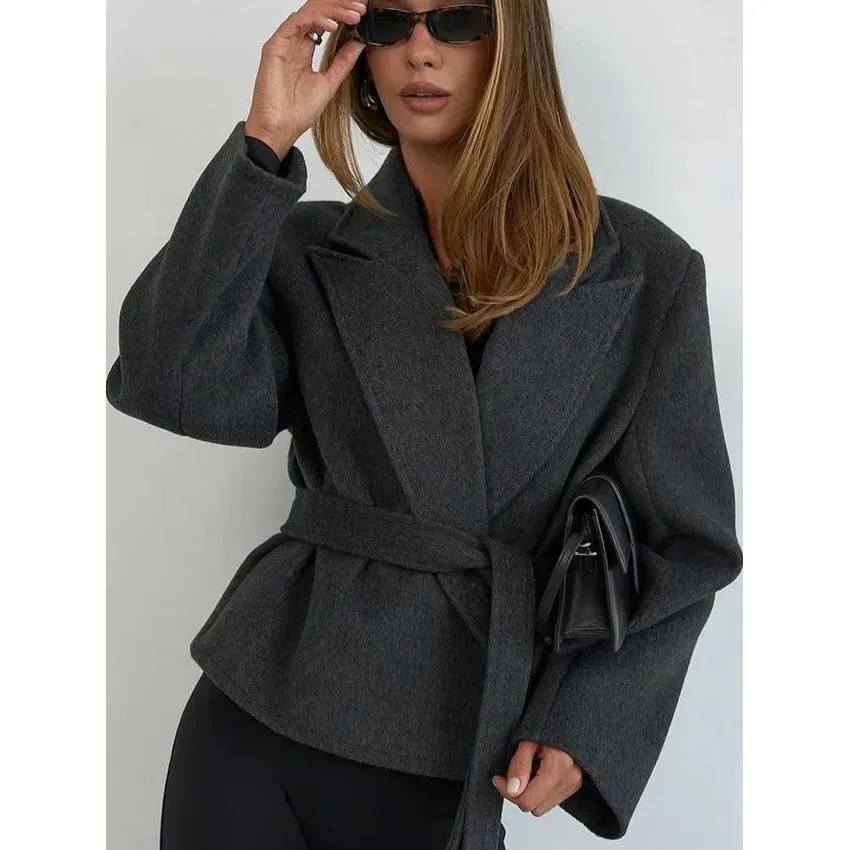 

Faionable Women's Sui Jae Autumn Winter Wool Blend Beled irt Cleanfit Sle A-Line Sve Non-Sinking Poly Fabric