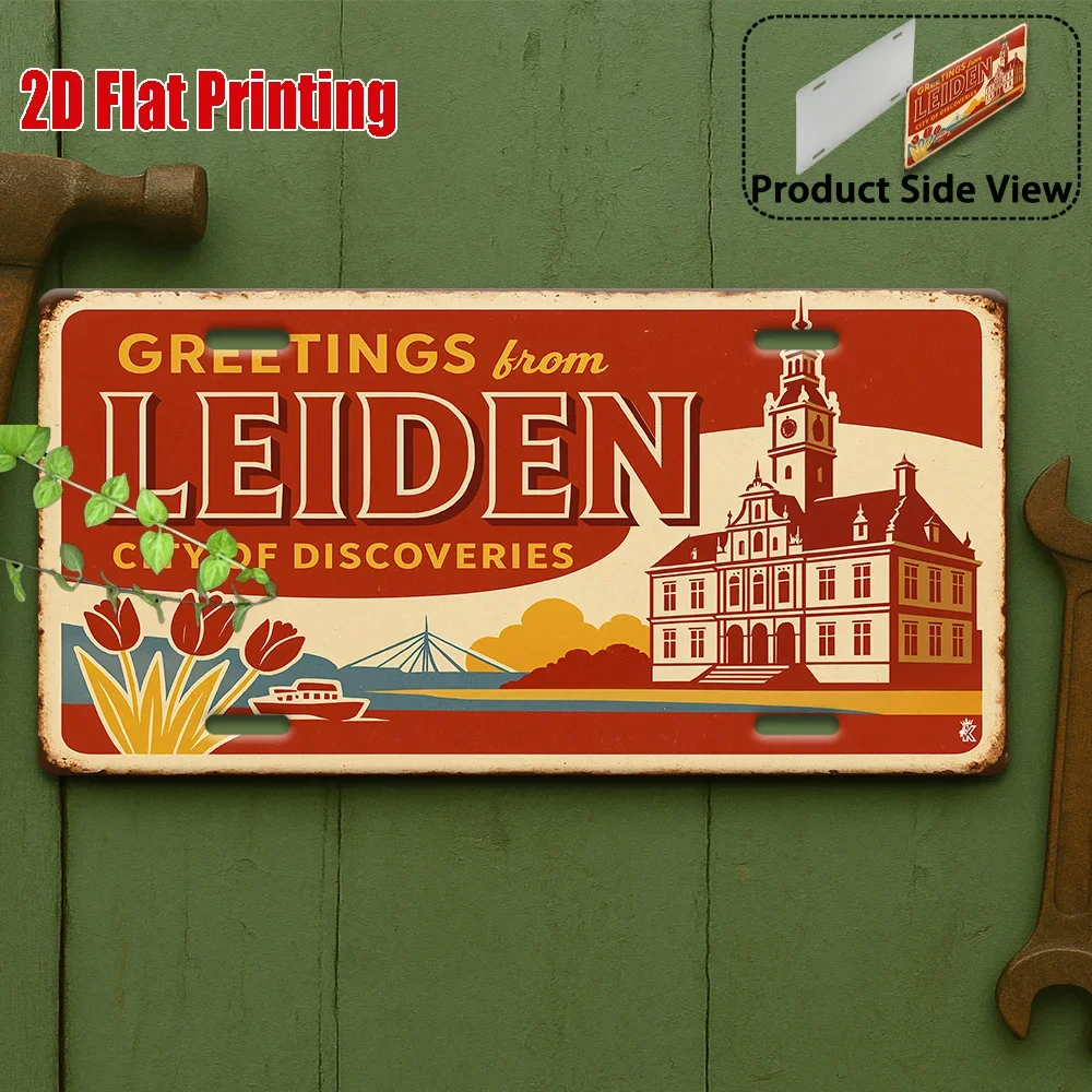 2D Flat,1pc, Vintage Metal Sign, Outdoor Plaque & Wall Decor 15x30cm, Leiden Cityscape Exploration Aluminum Sign, Suitable