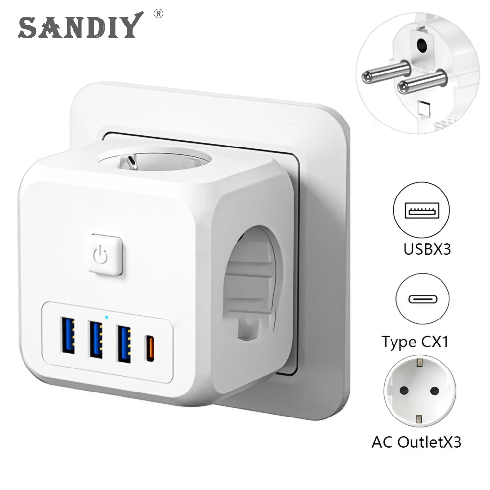 SANDIY Usb Charge Port and Type-C Electrical Sockets 220v 16a Eu Standard Power Plug Adapter White Square-Shaped Socket