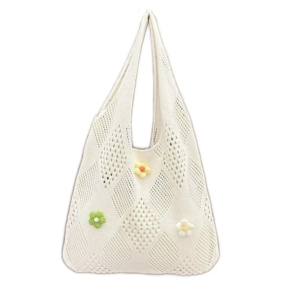 

Hollow Out Women Knitting Shoulder Bag Flower Decoration Portable Beach Tote Bag Simple Large Capacity Casual Crochet Bag