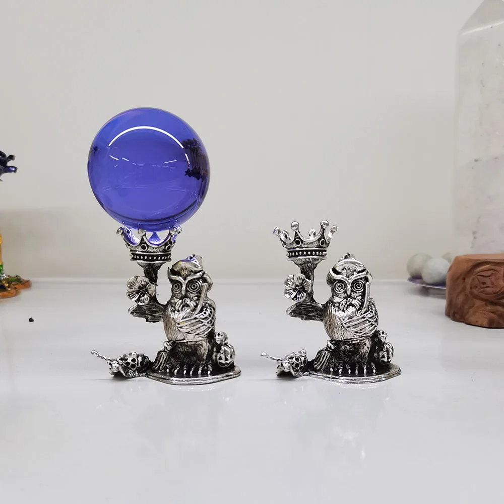 Cute Sliver Owl Wizard Metal Crystal Base Sphere Support Display Stand Photography Props Handicraft Decor