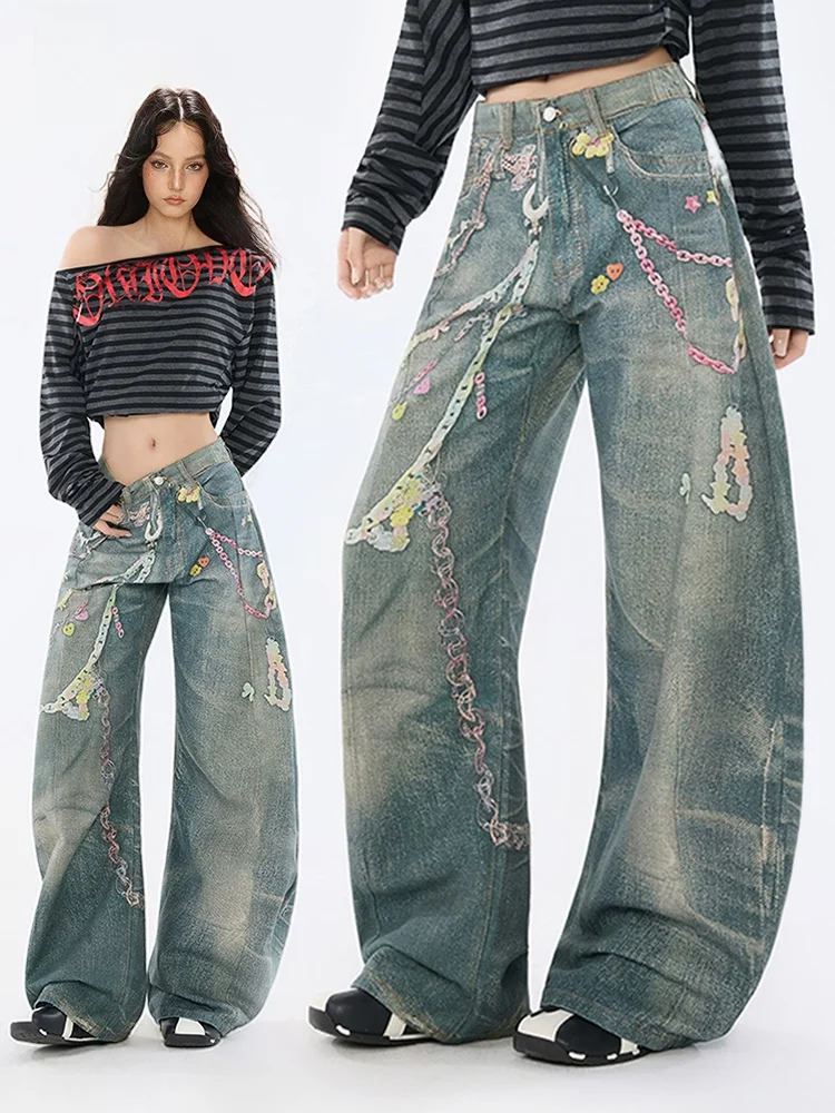 

November Chain Print High Waist Wide Leg Jeans Women's Spring Autumn Loose Fit Straight Cut American Retro Durable Casual