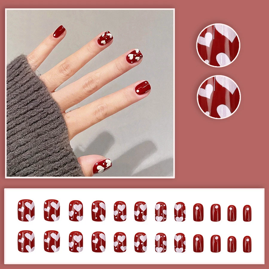 24pcs/set Short Square fake nails for women gilrs cute red white heart full cover nail tips acrylic press on false nail art set view 5