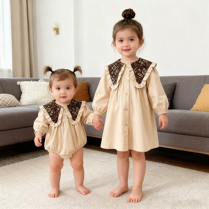 2026 New Spring 0-6Yrs Sister Dress Girl Party Dress Retro Big Lapel Long Sleeved Cotton Kids Princess Dress Baby Girl Romper