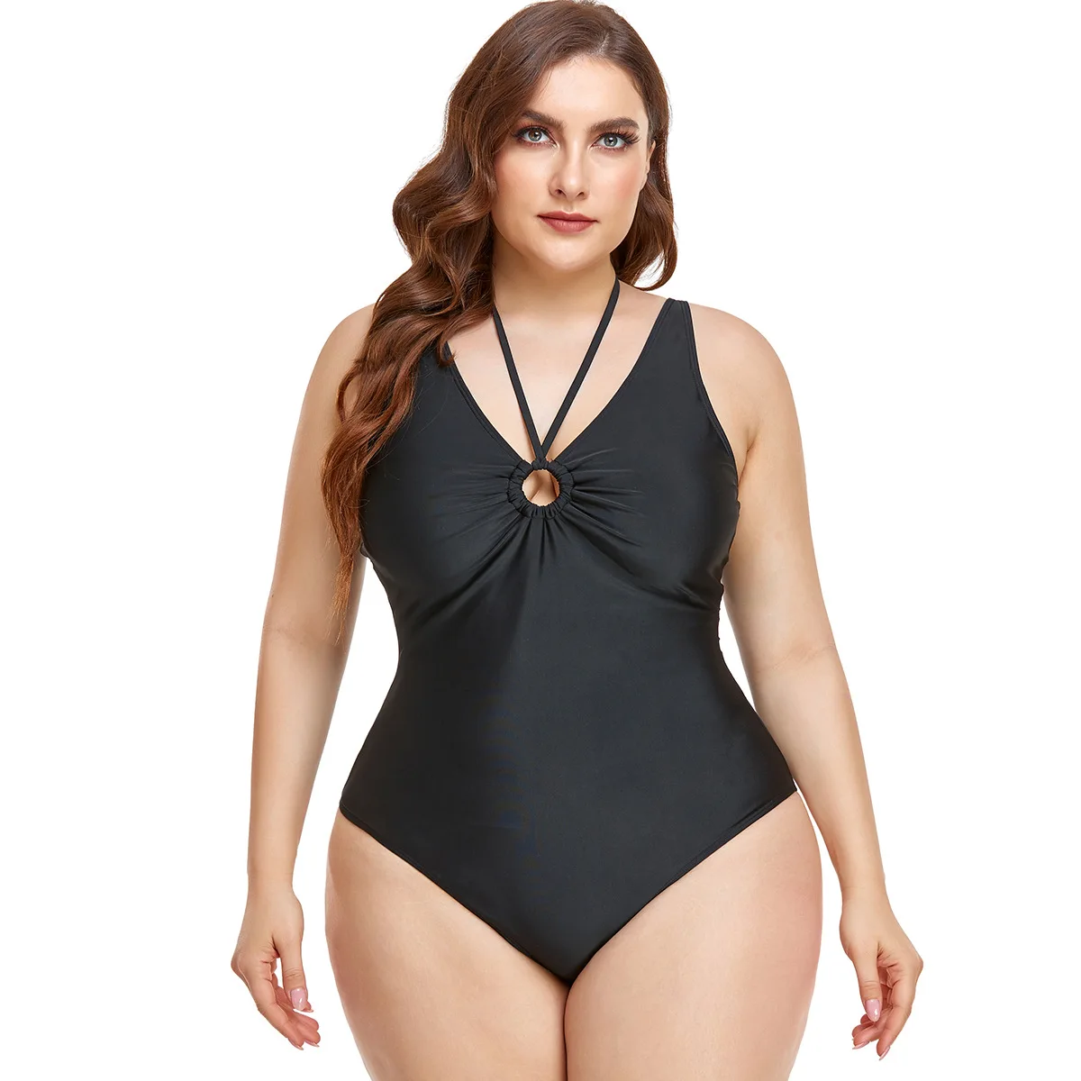 

Plus Size One-Piece Swimsuit Women 2023 Tankini Halter Deep-V Neck Sexy Swimwear Solid Color Bathing Suit Push Up Bikini Beach