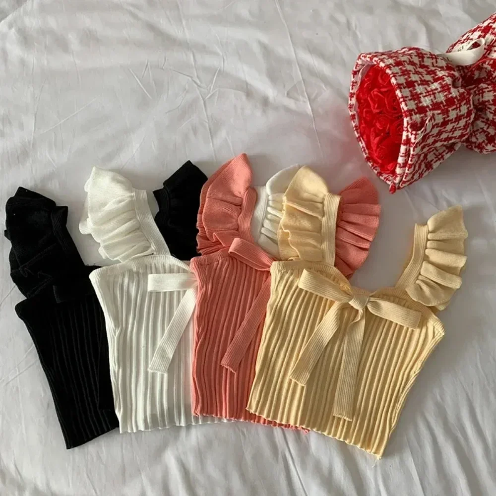 New Summer Ruffled Knitted Camisole Women Short Tank Top Summer Solid Square Neck Sleeveless Bow Elastic Waist Strap Top