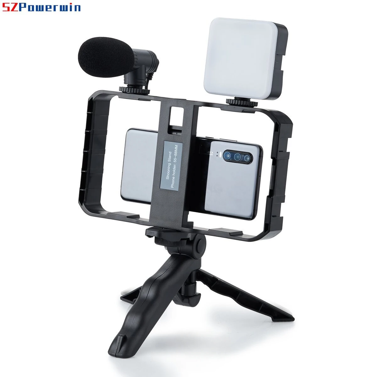 Smartphone-Schutzhülle mit LED-Beleuchtung, Mikrofonen, Video-Stabilisator und Handstativ-Halterung für Vlog-Video-Kit