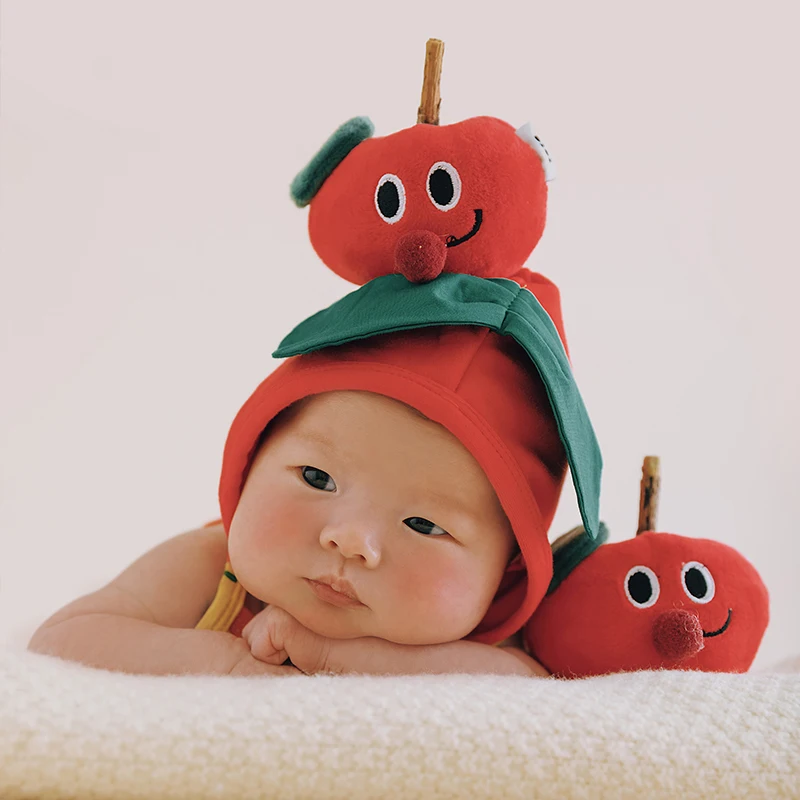 Bebê recém-nascido Fotografia Acessórios Set, Roupas Apple Boneca, Simulado Roupas, Chapéu Engraçado, Arco Headband, Tomates Foto Decoração