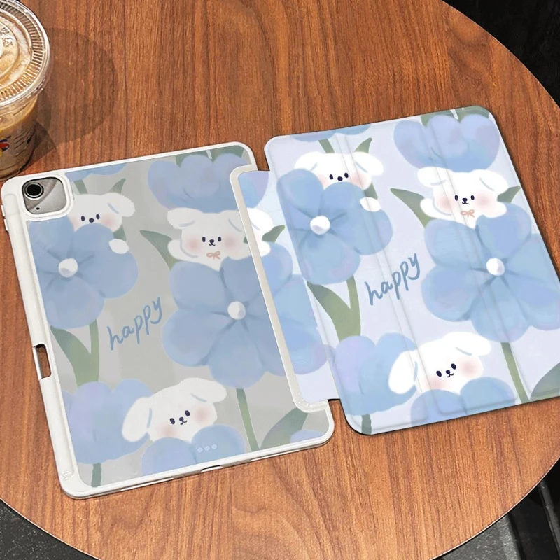 

Protective Case for 10.2 7th 8th 9th Gen IPad Air 5 Air 4 10.9 Ipad 5th 6th Generation Tri-fold Funda Blue Flower Bunny Shell