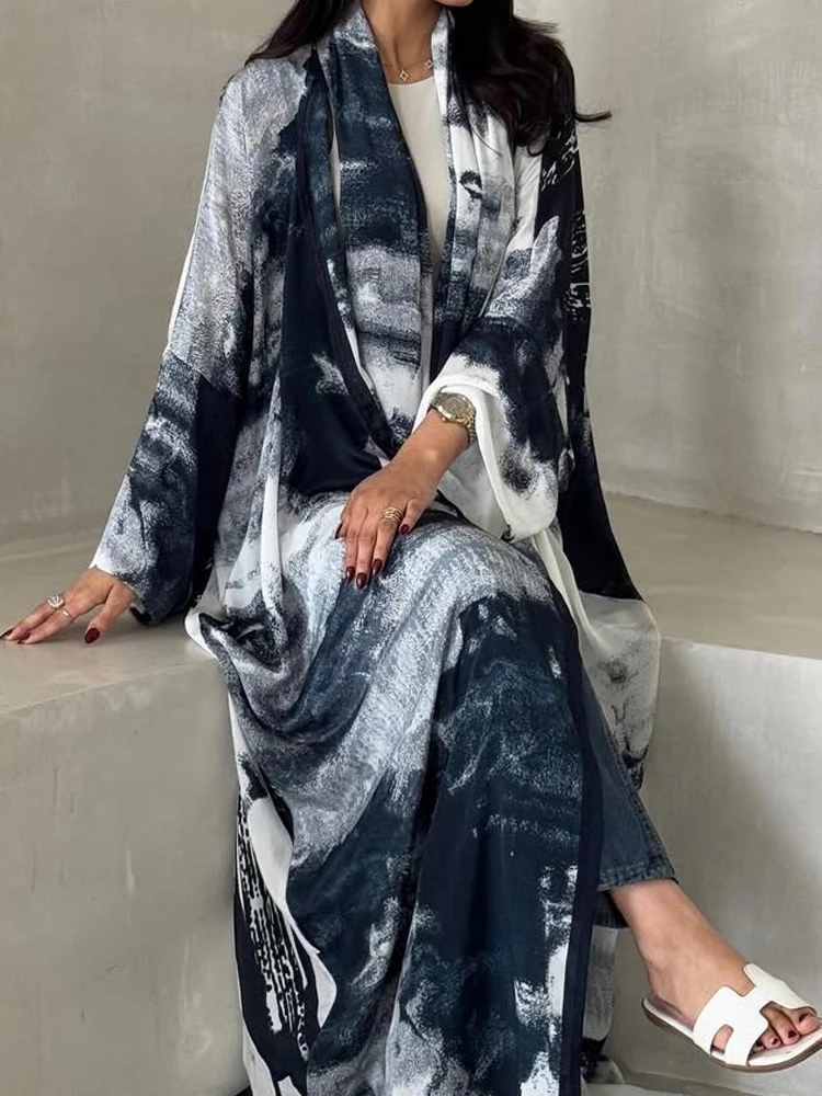 

Spring Autumn Casual Thin Vacation Jackets Vintage Pattern Print Muslim Cardigans Women's Casual Long Sleeve With headscarf Coat