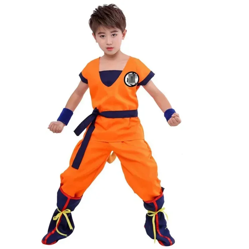 Halloween Bambini Ragazzi Son Goku Costume Cosplay Parrucca Scarpe Set Abbigliamento per bambini Puntelli per prestazioni Vestito da festa Regalo di compleanno