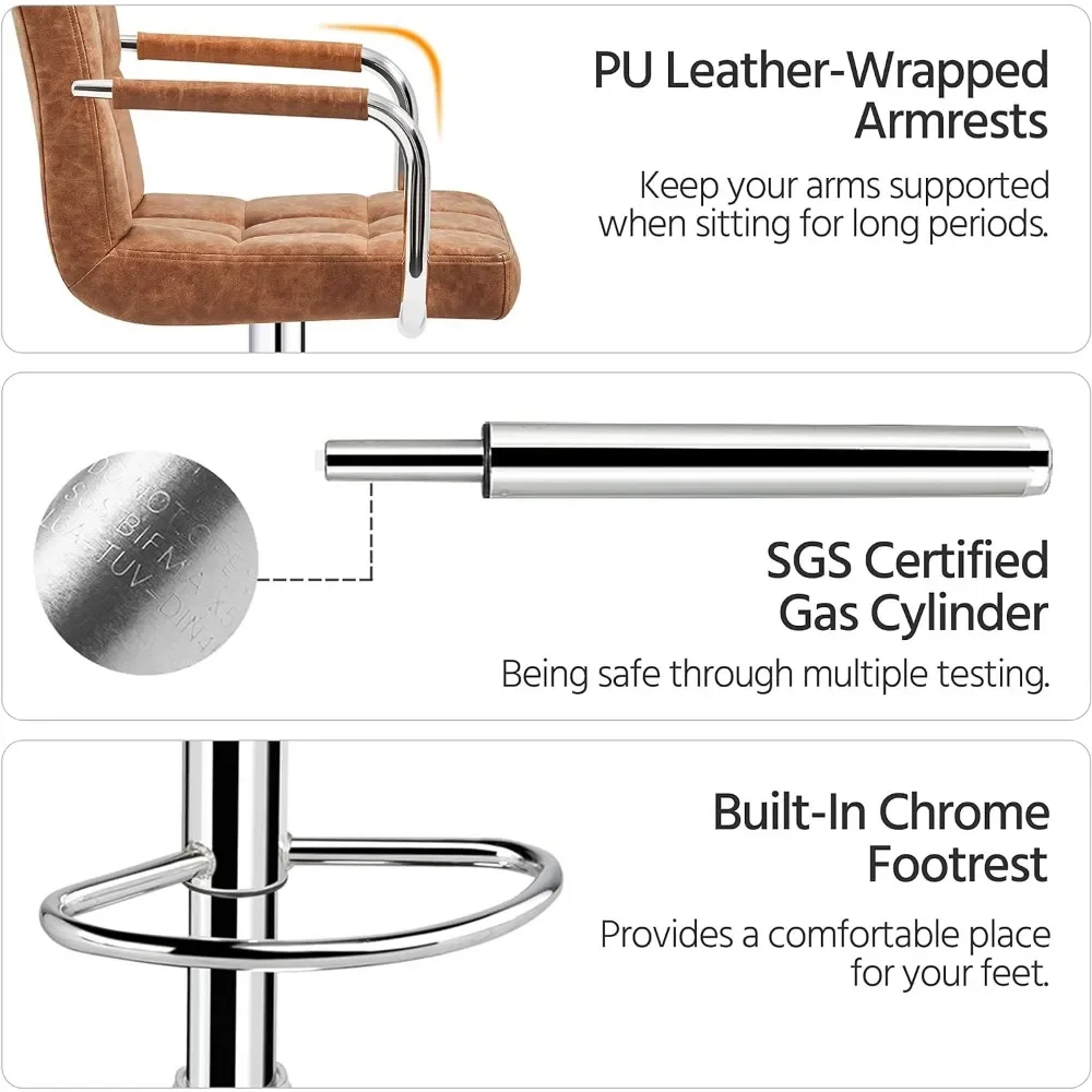 Taburete de cuero PU con respaldo y brazos, taburete giratorio de 360 °, altura de mostrador de asiento ajustable, elegante, Juego de 2