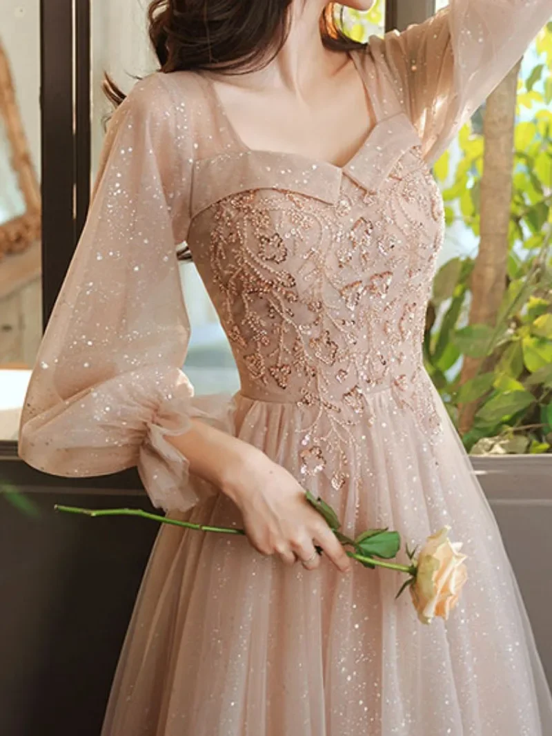 Customized French Style Square Collar Long Sleeve Long Evening Dress Beading Sequined Prom Dresses Lace Up Tulle Wedding Party G