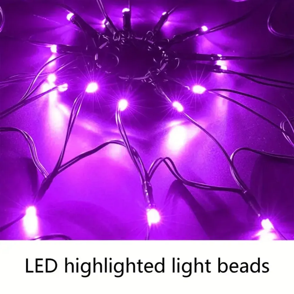Halloween LED Spider Web Lights Purple Net String Lights, USB Powered 8 Modes Hanging Lamp for Haunted House Window Wall Decor