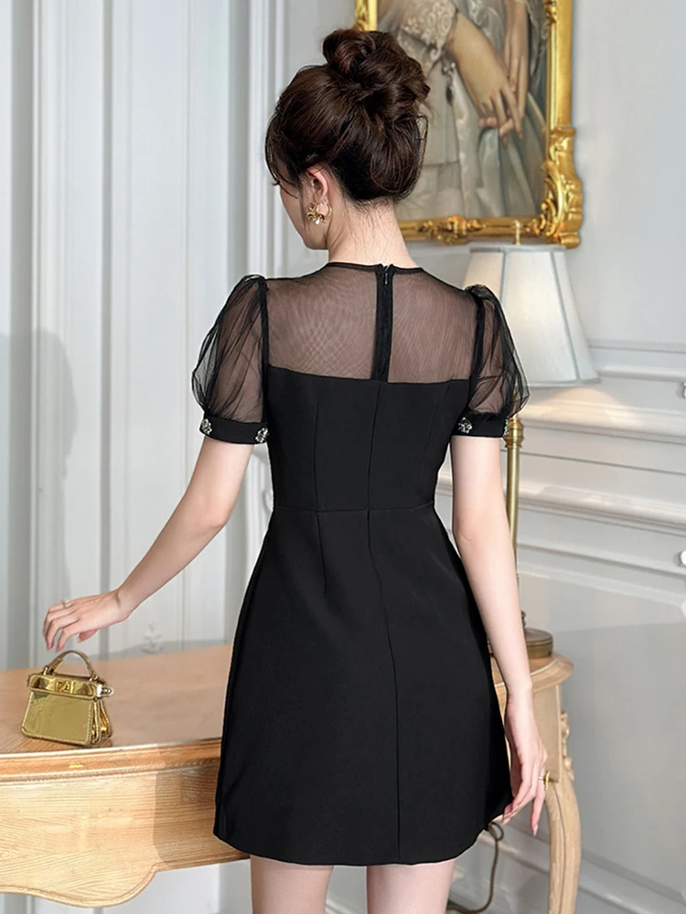 Fashion Elegant Black Short Dress for Women Sexy Chic See Through Mesh Splice Single Breasted Mini Gown Lady Party Daily Vestido