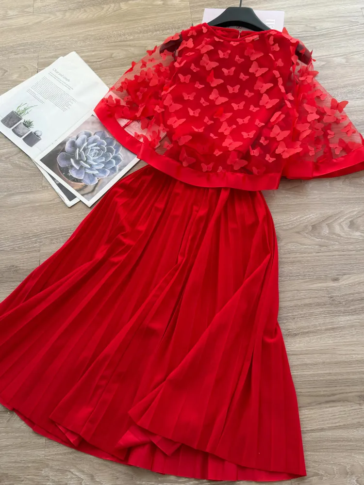 Light luxury red bow embroidered bubble sleeve A-line dress women in spring new temperament high waisted pleated long skirt
