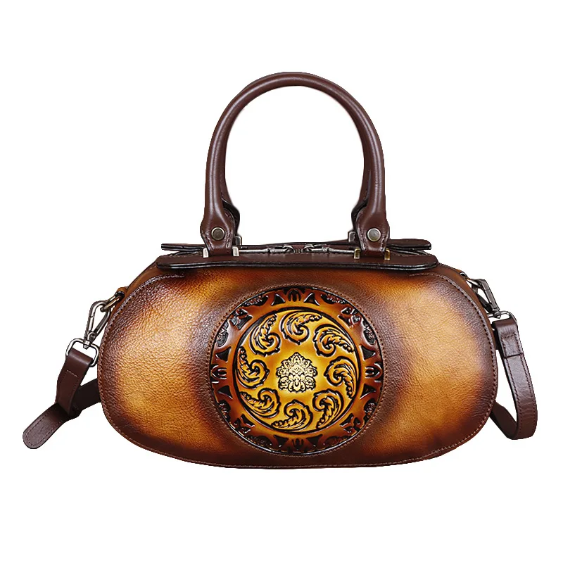 Vintage Genuine Leather Handbag for Women Original Embossed Tree Bark Leather Top Handle Crossbody Bag, Handmade Color Polishing