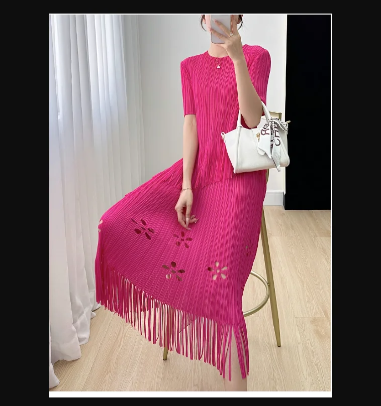 

HOT SELLING Miyake fashion High quality pleated short sleeve one-piece dress Hollow out tassel dress IN STOCK