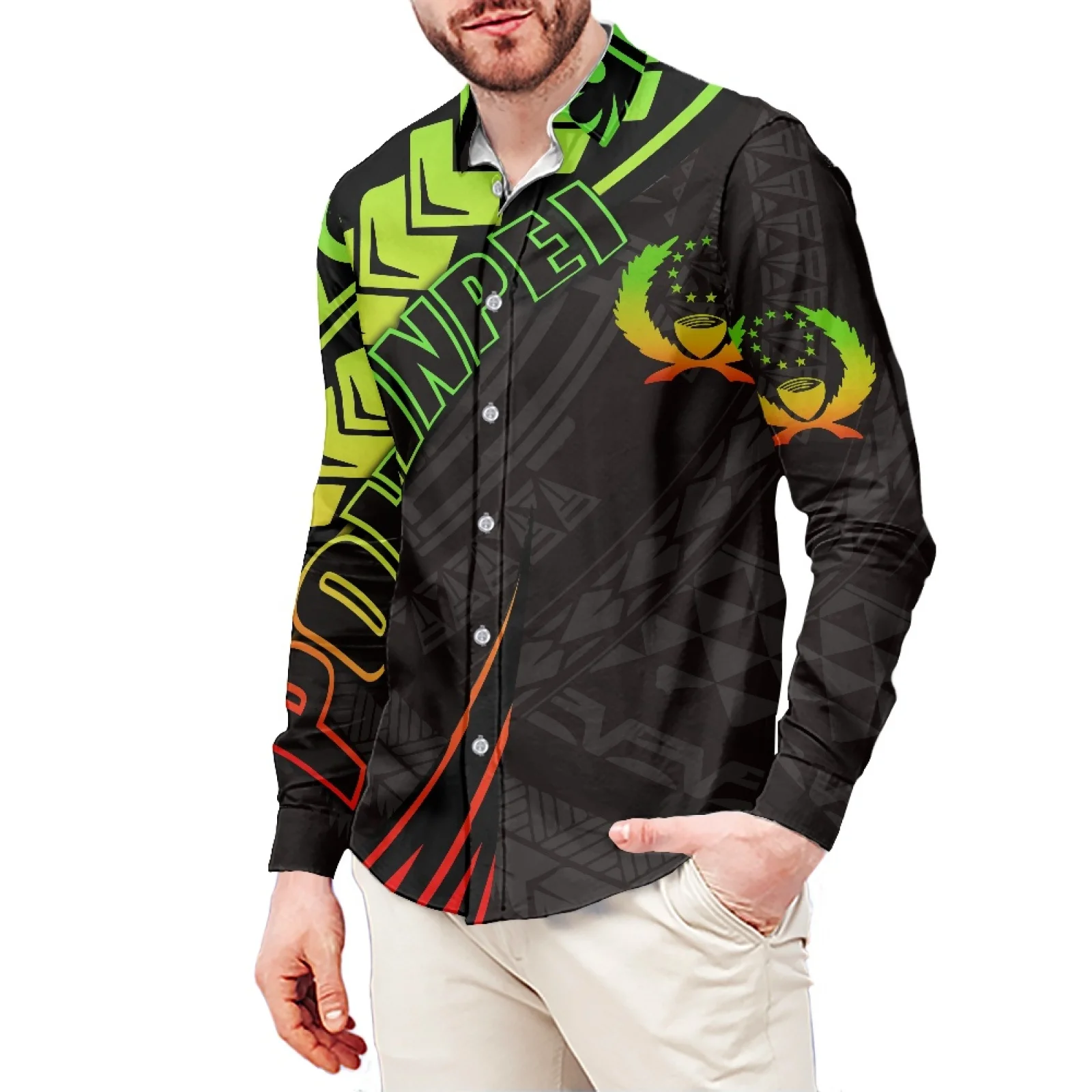 

Men's Clothing T-Shirt Tattoo Totem Print Polynesian Style Men's Shirt Stand-Up Collar Shirt 6XL Slim Long Sleeve Men's Shirt