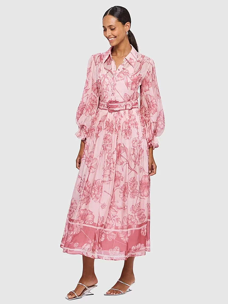 

Bohemian Dresses Women's Spring High Quality Fashion Party Print Casual Travel Chic Beach Bow Belt Pretty Long Sleeve Midi Dress