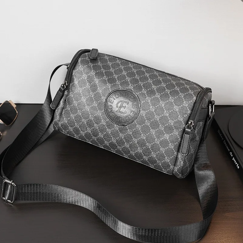 Fashion Plaid Printed Men's Crossbody Bags Barrel-Shaped Crossbody Bag Men Luxury PU Leather Shoulder Messenger Bag Male Bolsas