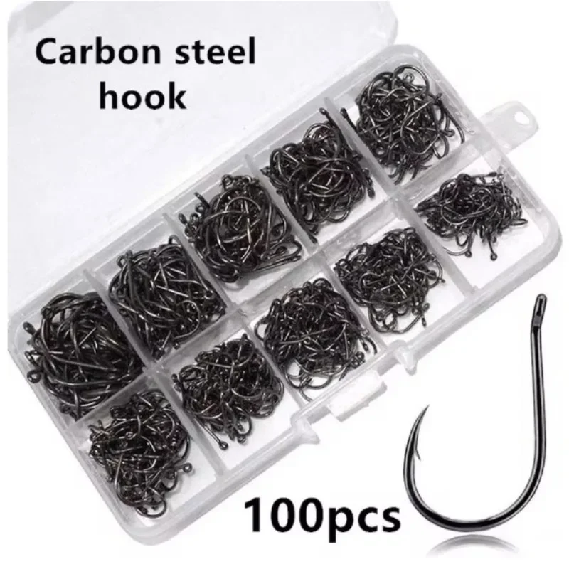 100PCS/Box Fishing Hooks Set with Fishing Tackle Box Fishing Accessories Saltwater Fresh Water High Carbon Steel Carp Fishhook