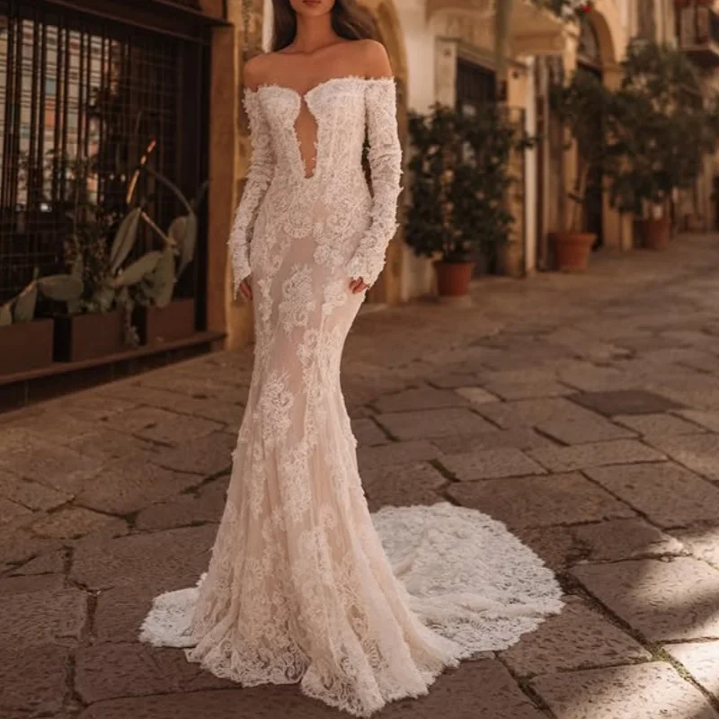 ivory flower Appliques Lace layering Wedding Dresses of fishtail beads long sleeves Bridal Gowns Made Customized