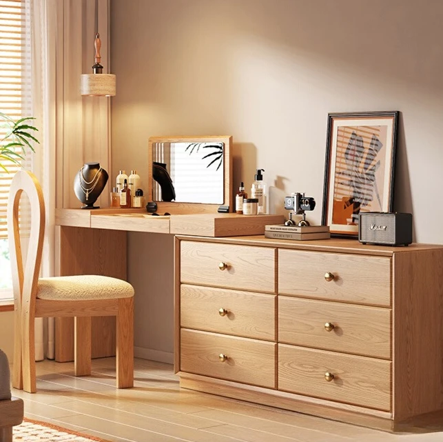 Solid Wood Dresser Storage Cabinet Integrated Bedroom Modern Simple Bedside Chest Retractable Corner Makeup Table