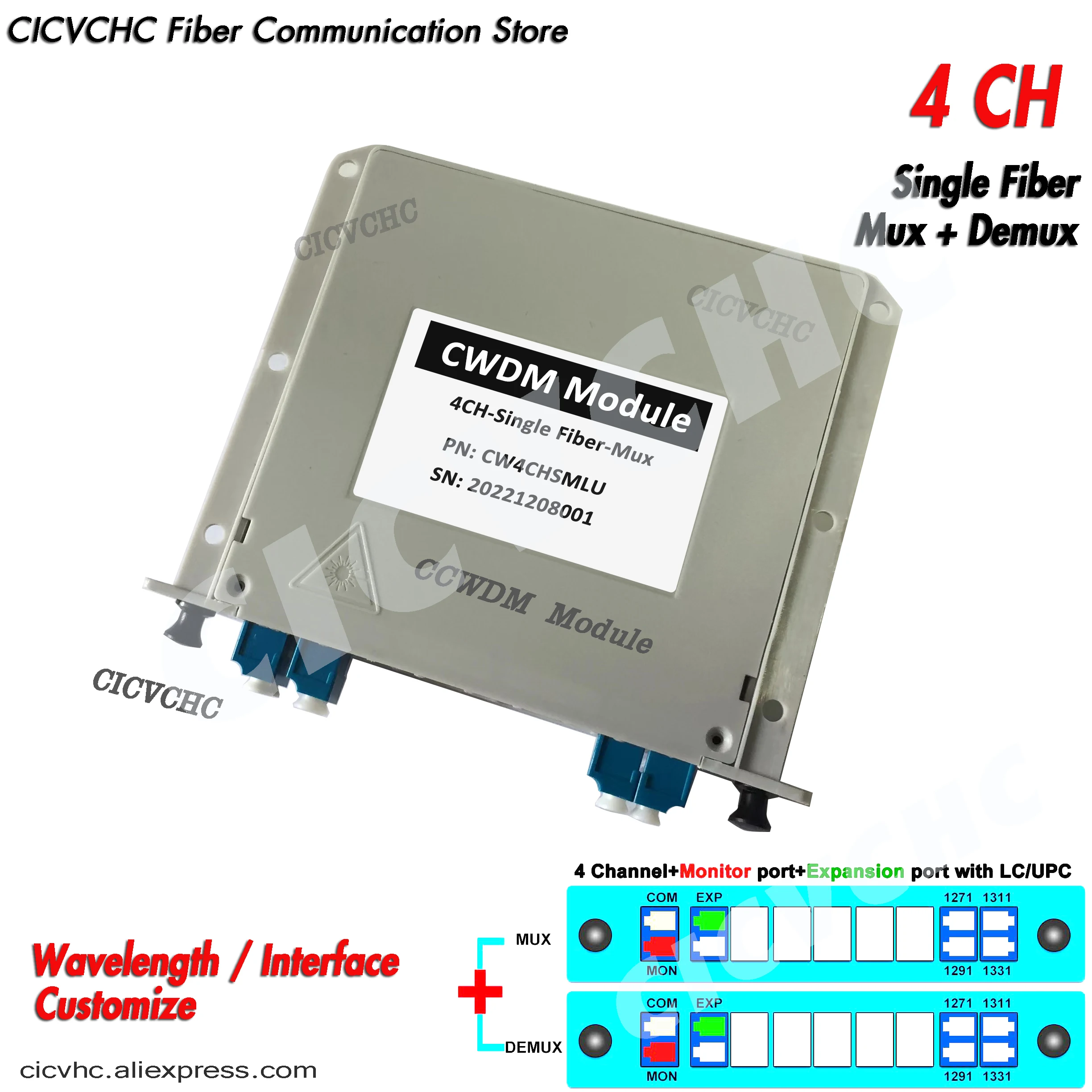 4CH CWDM Plug-in Module with Monitor and Expansion port with LC/UPC for Single Fiber