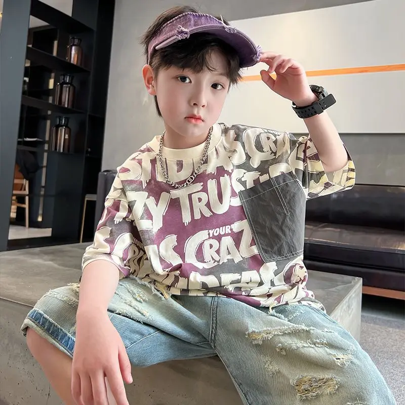 2026 New Boys' Tie Dye Short Sleeve T-Shirt Summer Kids Wear Streetwear Casual Summer Top Mid Large Children's Summer Apparel