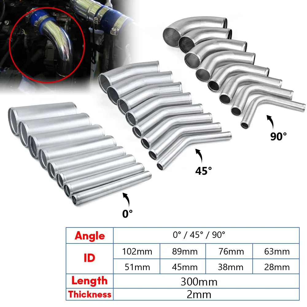1pc Universal Aluminum Tube Outer Diameter 28 38 45 51 63 76 89 102mm Pipe Car Intercooler Cold Air Intake 0/45/90 Degrees 300mm