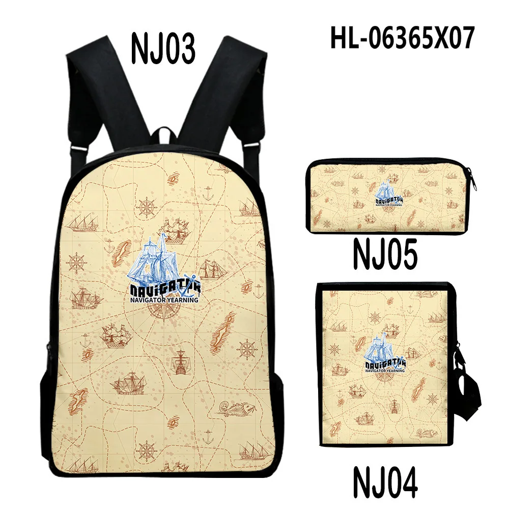 Trendy Popular Retro navigation 3D Print 3pcs/Set pupil School Bags Laptop Daypack Backpack Inclined shoulder bag Pencil Case