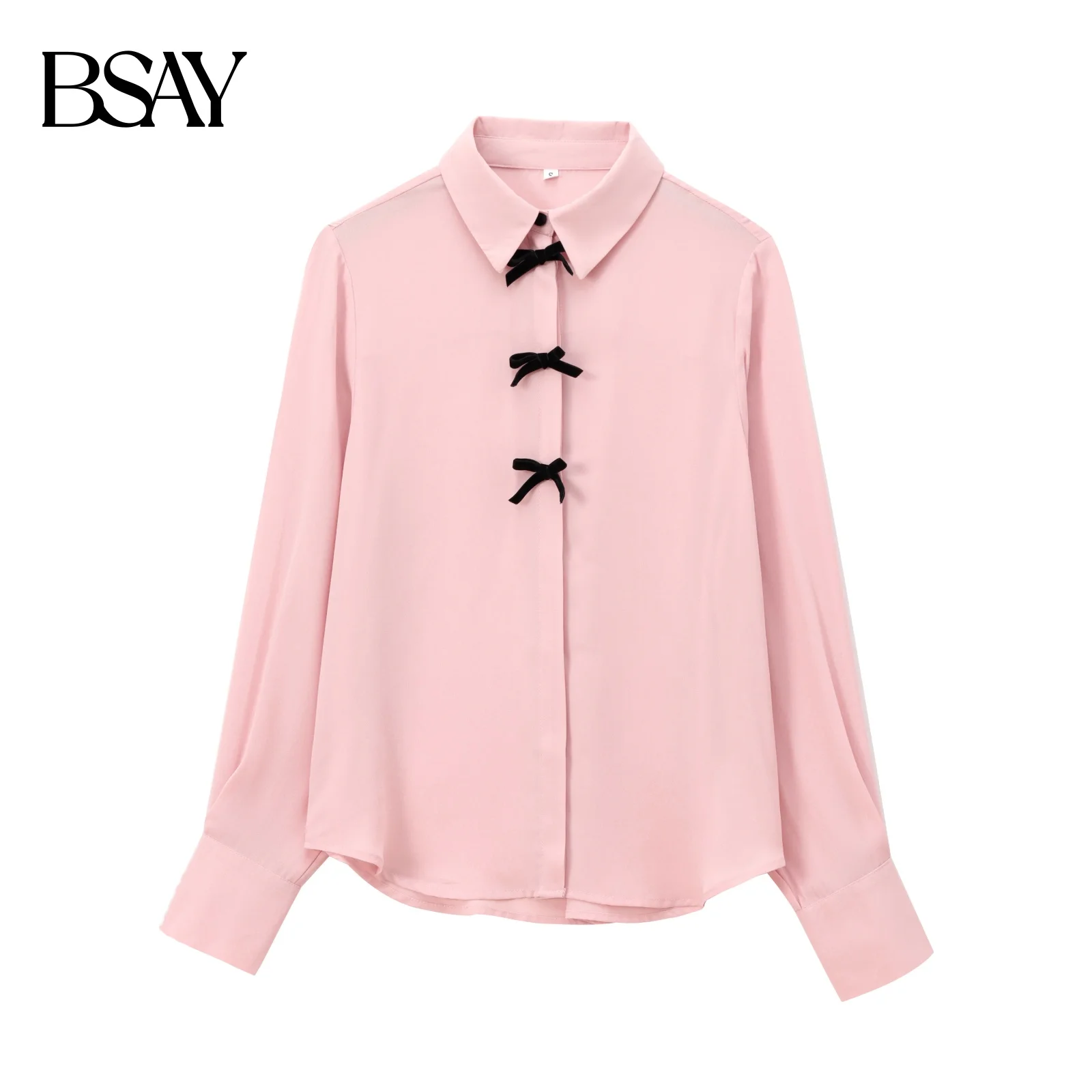 BSAY roze shirts Damesmode Herfst Nieuwe Fluwelen Strik Lange Mouw Single Breasted Revers Blouse Zoete Franse Chic Dames Top