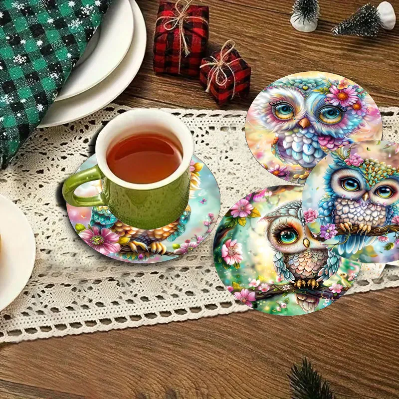 A set of 4-piece owl and rooster animal pattern art coasters, anti-slip wooden coasters, suitable for living room use