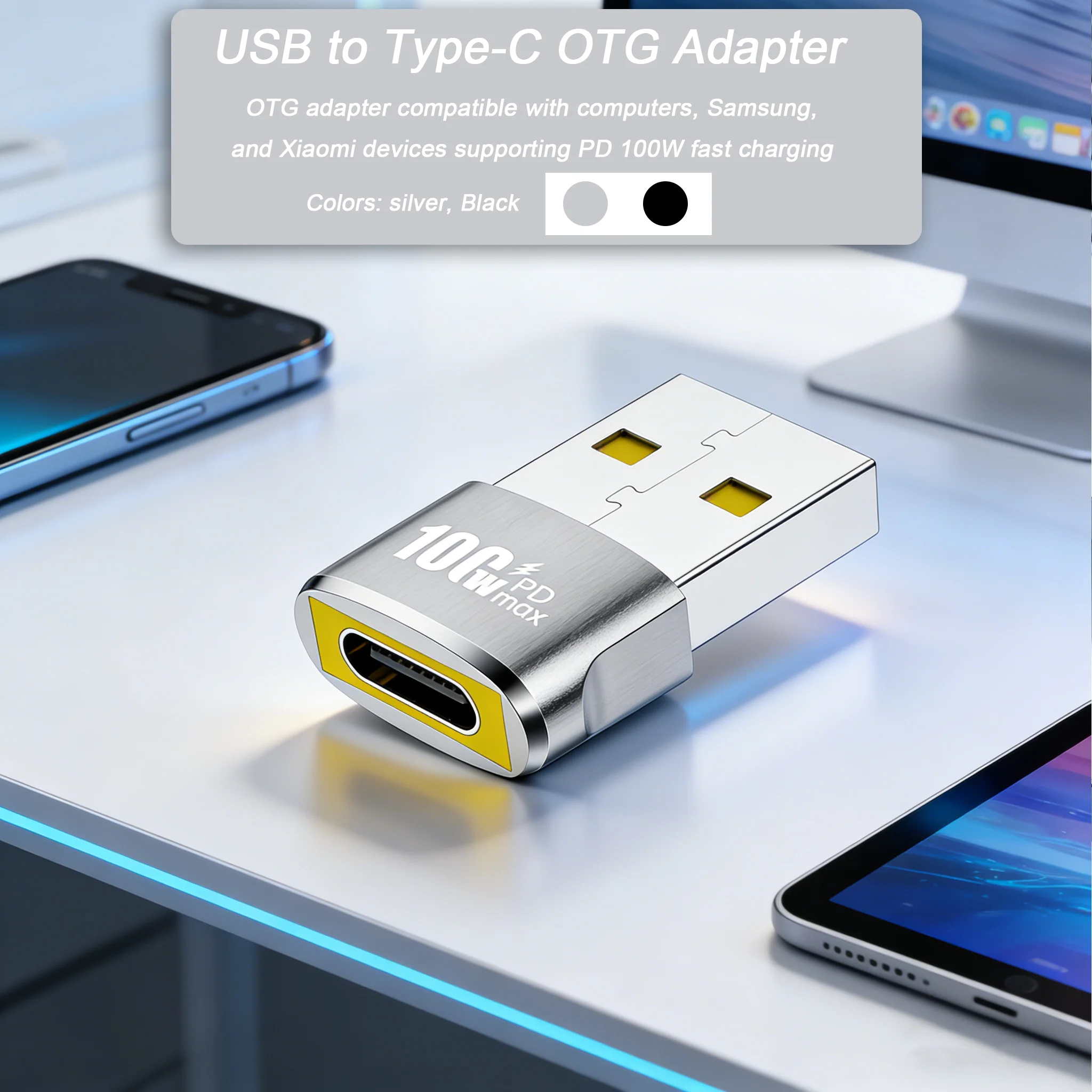 

Black /Silver 100W PD USB to Type-C OTG Adapter - USB-C Female to USB-A Male
