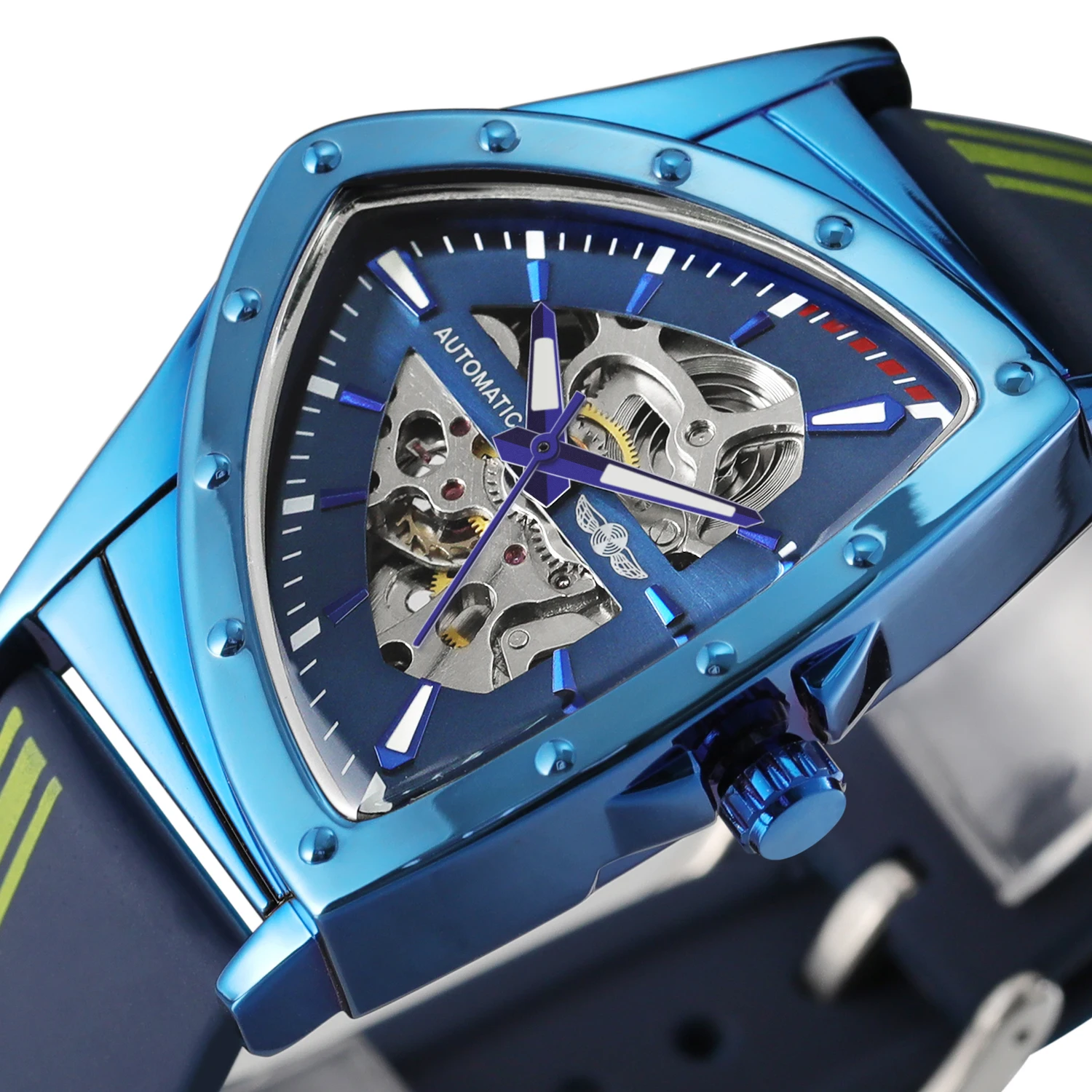 WINNER Designer Luxury Fashion Man Watch Triangle Steel Skeleton Mechanical Automatic Movement Clock Sports Silicone strap Wrist