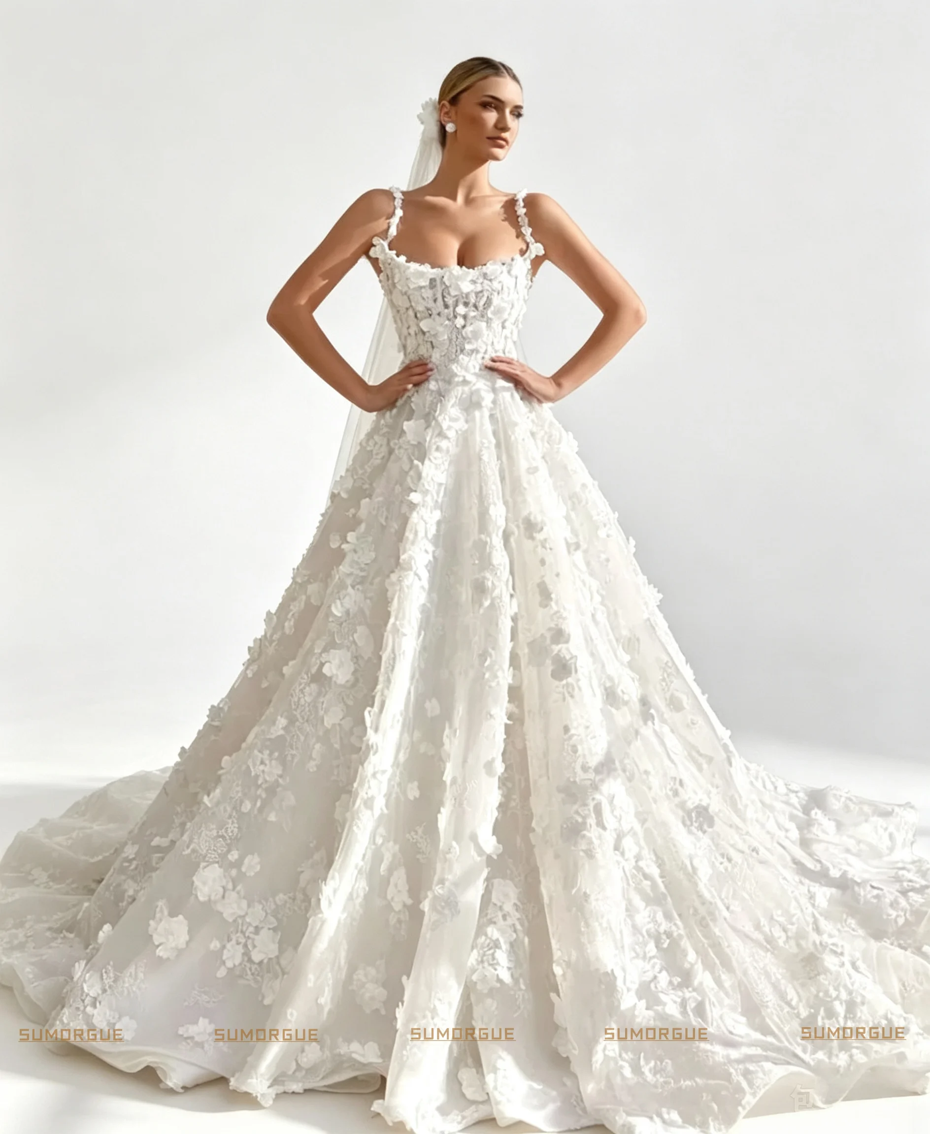 Spaghetti Straps A-Line Wedding Dresses Lace Appliques 3D Flowers Glamorous Backless high-end Customized Vestidos De Noiva