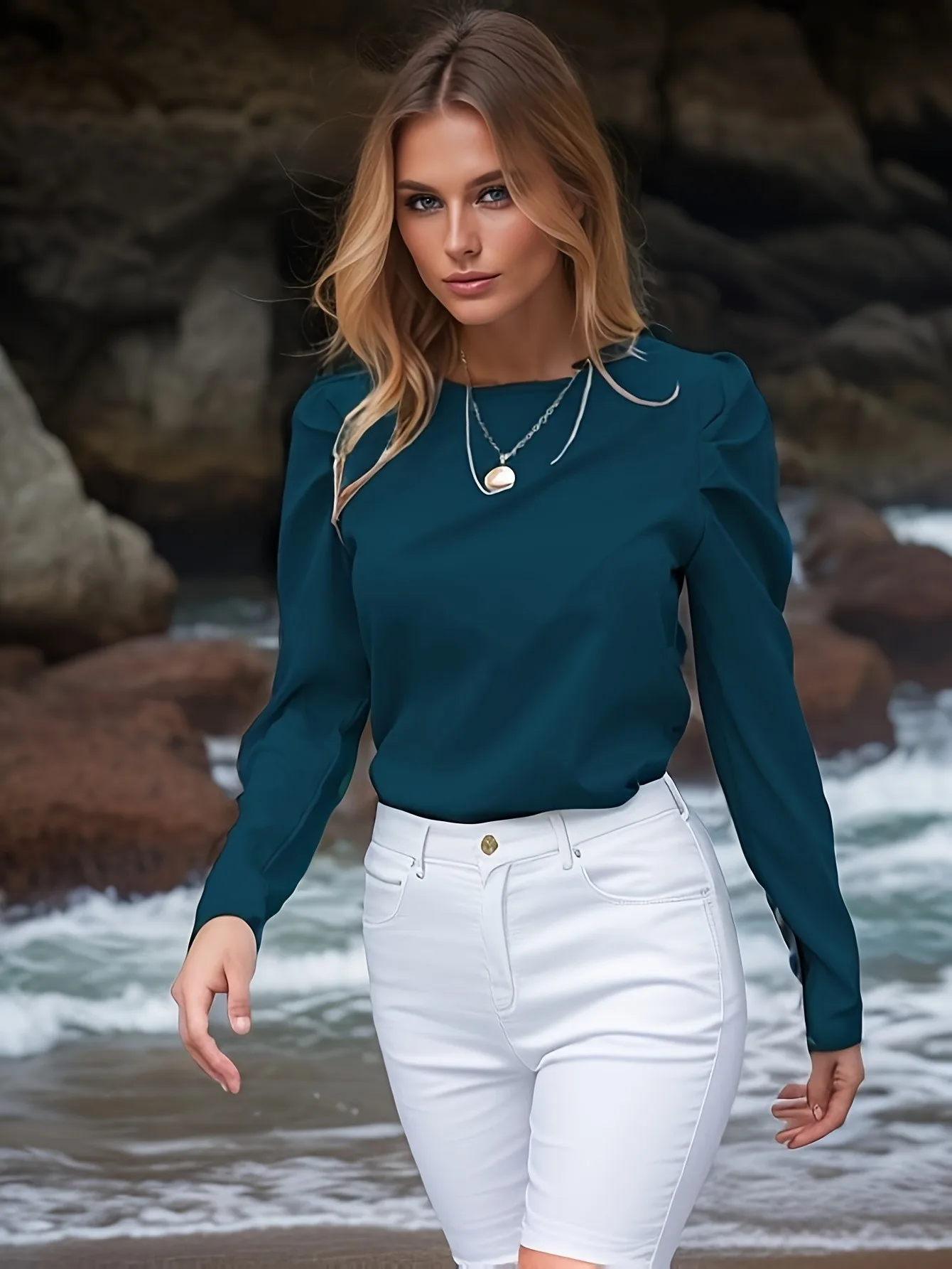 Chic Ruched Shoulder Blouse - Long Sleeve, Comfortable Fit, Versatile Style for Every Occasion