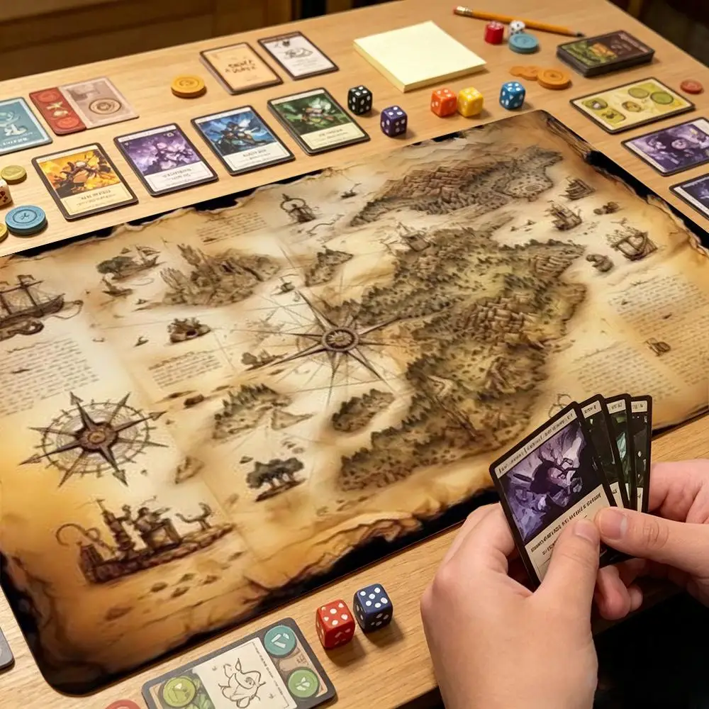 Antique Treasure Nautical Map Card Game Playmat Old Pirate Compass World Map Large TCG Play Mat Stitched Edge Non Slip Desk Pad