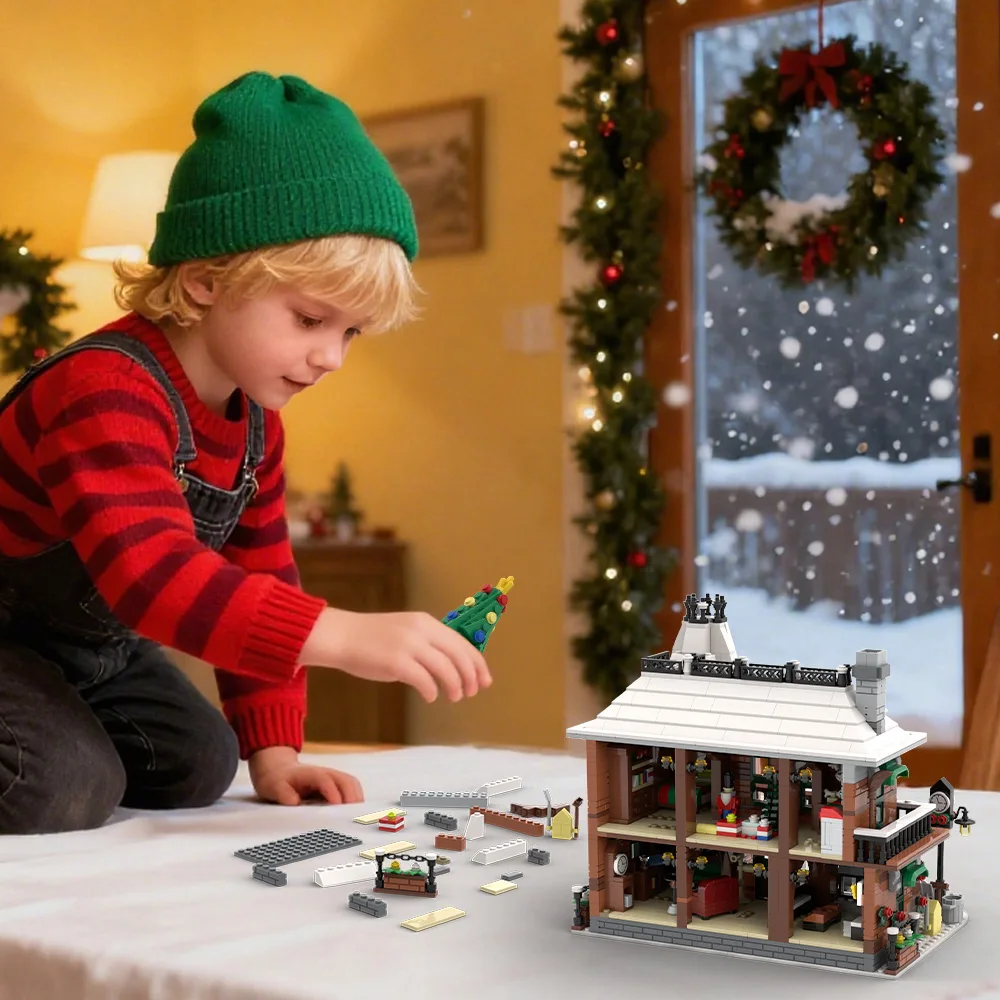 MOC Prachtige Levensscène Architectuur Bouwstenen Model Kerst Thema Winter Huis Bakstenen Gemonteerd Speelgoed Kinderen Cadeau
