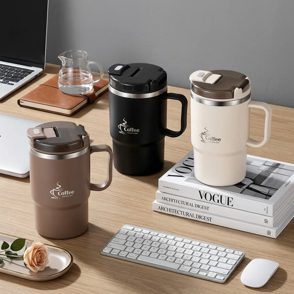 Mug isotherme avec poignée en acier inoxydable 304, thermos isolé, gobelet de voyage anti-fuite, bouteille d'eau, filtre à thé, cuillère