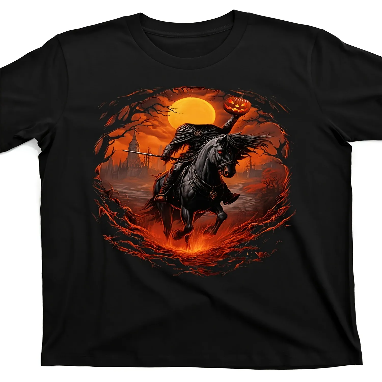 Spooky Halloween T-Shirt - Black Horror Costume Party Shirt with Headless Horseman Riding, Soft Breathable Cotton Crewneck Tee for Adults, Machine Washable Halloween Party Outfit or Everyday Goth Short Sleeve T Shirt, Birthday Gift Tee