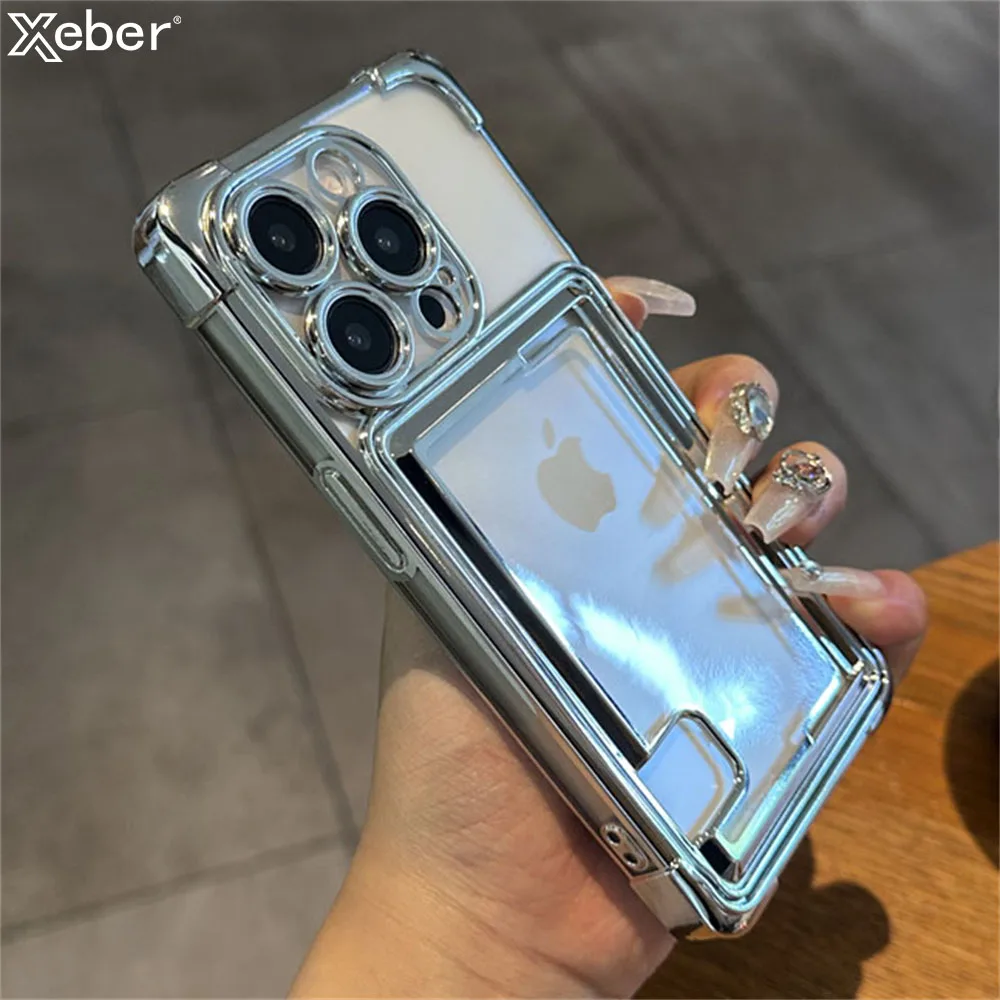 Luxury Plating Transparent Wallet Card Holder Phone Case For iPhone 14 11 12 13 15 Pro Max Plus Cards Slot Shockproof Soft Cover