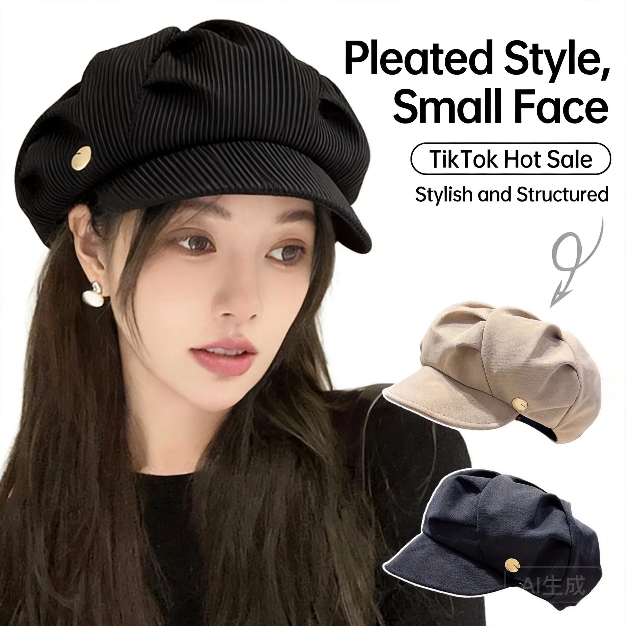 100% Cotton Solid Color Pleated Cloud Newsboy Cap Women Adjustable Face Slimming Large Head Size Spring Autumn Casual Painter