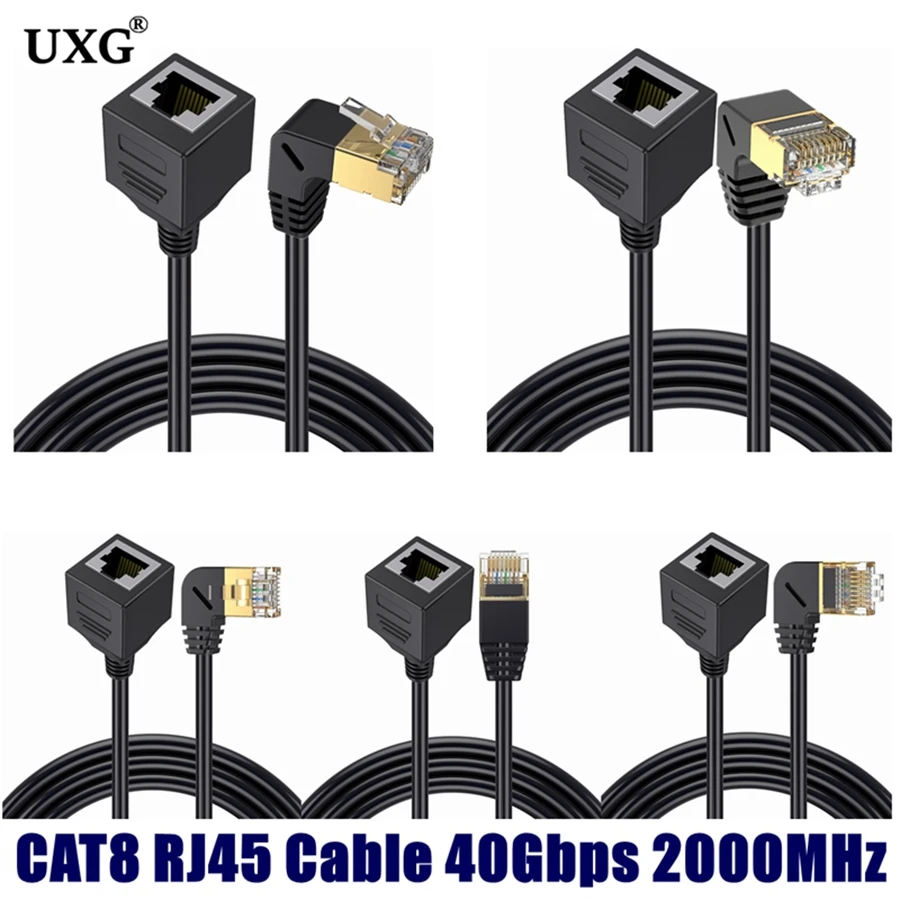 

40Gbps Cat8 Ethernet Extension Cable Cord Rj45 Cat8/7/6 Ethernet Lan Network Male To Female 90 Degree Right Anlge For PC Laptop