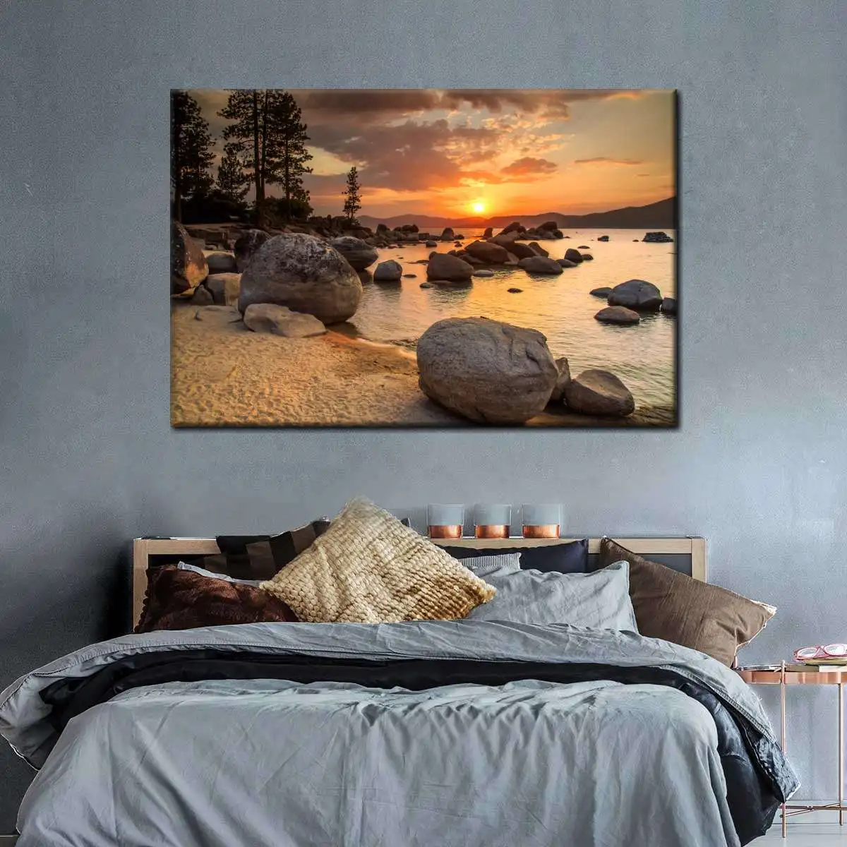 1PC Lakeside Rocky Beach Sunset Landscape Wall Art, Forest Mountain Nature Scenery Poster, Unframed Canvas Print for Home Decor