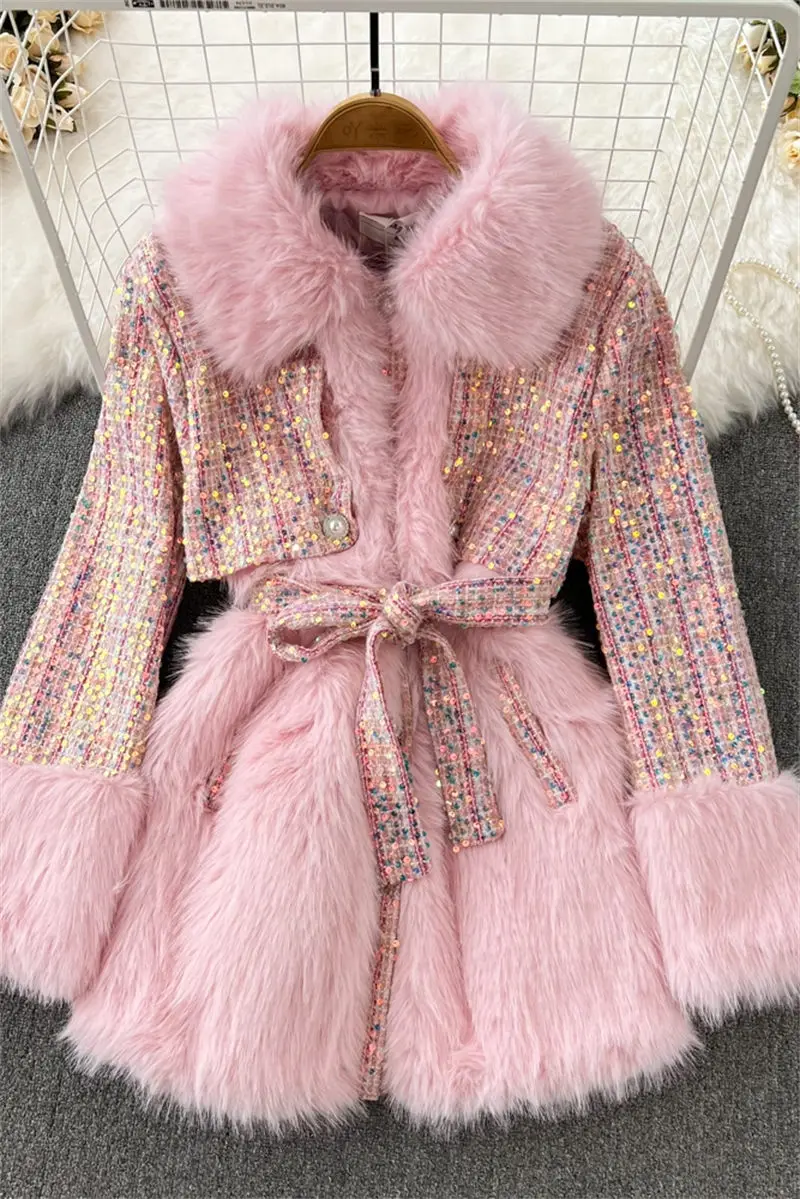 Autumn Winter Retro Temperament Medium Long Thick Tweed Stitching Imitation Fox Fur Coat Lady Fashion Quilted Woolen Jacket T131