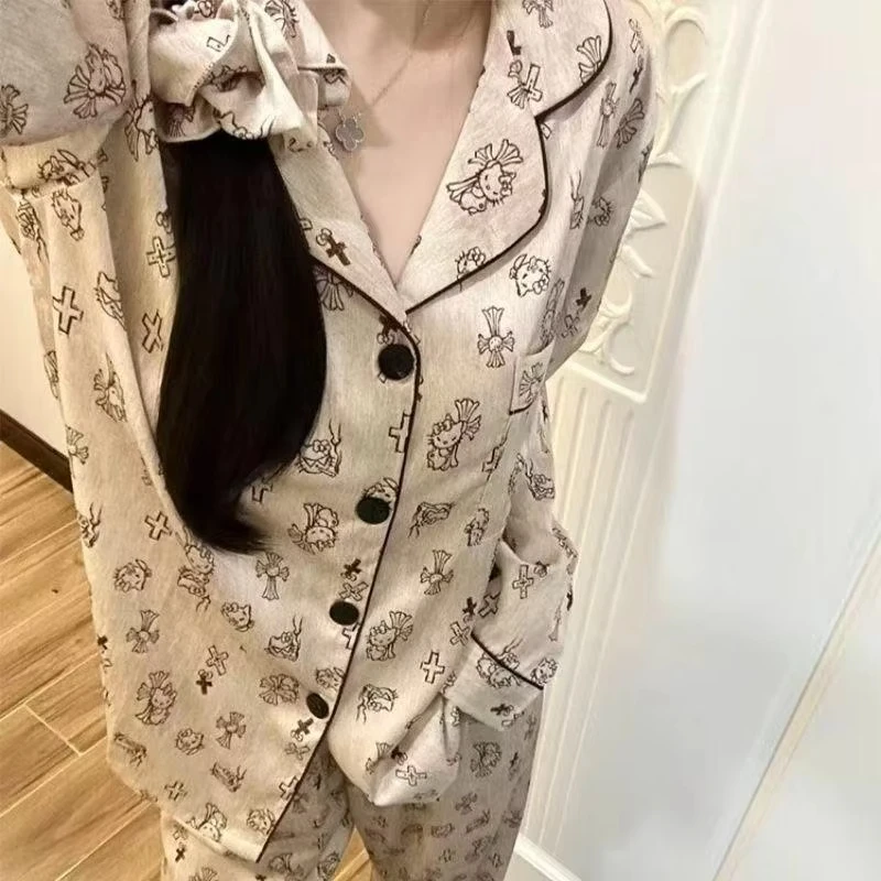 

Новые милые пижамы Sanrio Hello Kitty с мультяшным принтом, весенне-осенние, из ледяного шелка, с длинными рукавами и брюками, для девочек, для дома