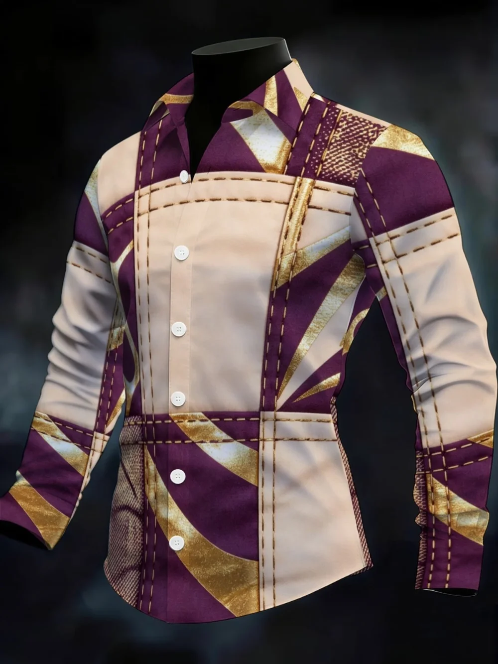 Fashion Men Coffee White Patchwork Fake Stitch Graphic Shirt Geometric Stripes Long Sleeve Slim Evening Casual Blouse